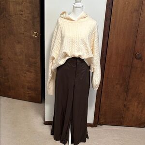 Chic Brown Faux Leather Wide Leg Pants